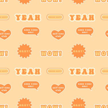 Değişik havalı yamaları ve çıkartmaları olan dikişsiz bir model. 70 'lerin hippi kültürü ilham kaynağı oldu. Klasik renk paleti. Düz biçimli vektör illüstrasyonu.