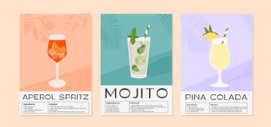 Mojito, Aperol Spritz ve Pina Colada Kokteyl tarifi. Buzlu yaz aperatifi. Garnitürlü alkollü içecek grafik baskısı. Minimalist çağdaş dikey baskı. Vektör illüstrasyonu