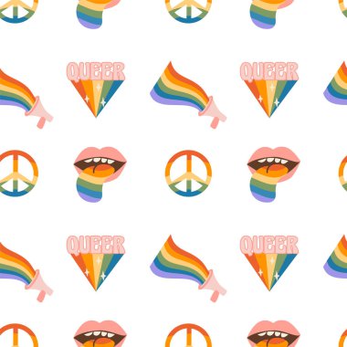 Gökkuşağı renkli barış işareti, hoparlör ve LGBT bayrağı renginde tuhaf bir kelime. 70 'lerin modası geçmiş, LGBT sembollü arka plan tasarımı gurur ayı ve gay geçit töreni. Vektör.