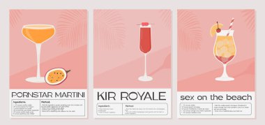 Porno yıldızı Martini, Kir Royale ve Sex on the Beach Cocktail. Klasik alkollü içecek tarifi. Modern moda grafik baskı seti. Yaz aperatifi duvar sanatı. Minimalist poster ve garnitür içeceği. Vektör