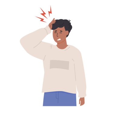 Genç çocuk baş ağrısı çekiyor. Genç adam acı içinde başını tutuyor. Düz Biçim Vektör İllüstrasyonu