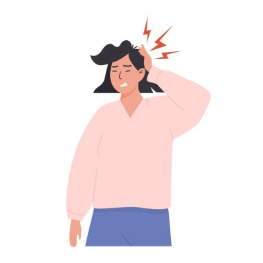 Acı dolu bir baş ağrısı çeken genç bir kadının, üzgün bir yüz ifadesiyle başını tutarken ki görüntüsü. Migren, stres, yorgunluk, sağlık sorunları. Düz vektör illüstrasyonu