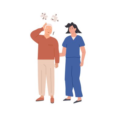 Hafıza kaybı ve bilişsel yetersizliği olan yaşlı bir adam, ilgili bir bayan hemşire tarafından destekleniyor. Alzheimer hastalığı ve bunama belirtileri. Sağlık ve kıdemli destek. Beyaz üzerine izole edilmiş vektör illüstrasyonu