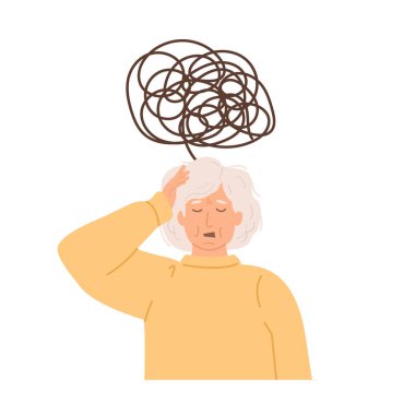 Yaşlı kadın kendini kaybolmuş ve kafası karışmış hissediyor. Stres, kaygı ve zihinsel baskının sembolü. Alzheimer ya da bunama geçiren yaşlı bir kadın, hafıza kaybı ve şaşkınlıkla boğuşuyor. Vektör izole illüstrasyonu