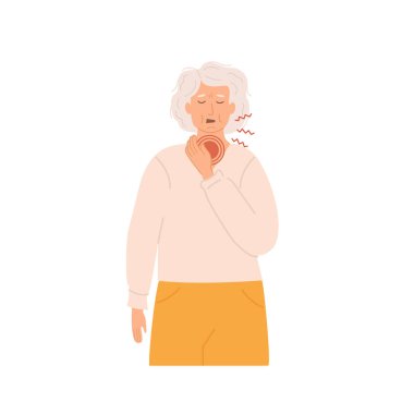 Yaşlı bir kadın boğaz ağrısı çekiyor ve boynuna acı dolu bir ifadeyle dokunuyor. Yaşlı bayan boğazı ağrıdığı ve üşüttüğü için iyi değil. Düz Biçim Vektör İllüstrasyonu beyaz arkaplanda izole edildi