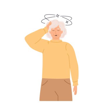 Şiddetli baş dönmesi yaşayan yaşlı bir kadın, sıkıntılı bir ifadeyle başını tutuyor. Vertigo belirtileri, denge bozukluğu, nörolojik sorunlar. Düz Biçim Vektör İllüstrasyonu beyaza izole edildi