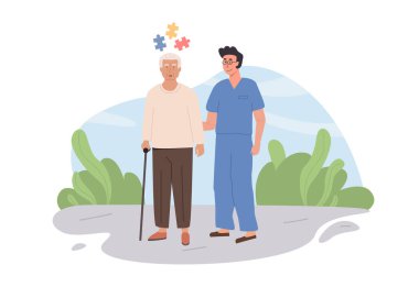Hafıza kaybı yaşayan yaşlı bir adam dışarıdaki bakıcıdan destek alıyor. Dedemi erkek hemşireyle karıştırmış. Alzheimer hastalığı ve bunama kavramı. Düz Biçim Vektör İllüstrasyonu