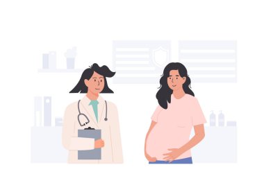 Hamile kadın klinikteki kadın doktorla rutin doğum öncesi muayeneye katılıyor. Anne sağlığı kontrolü ve hamilelik takip konsepti. Düz Biçim Vektör İllüstrasyonu
