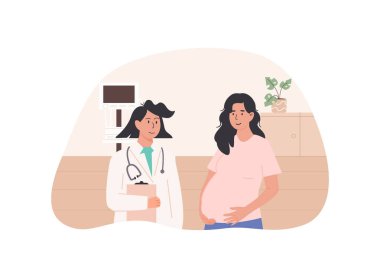 Hamile bir kadın, doğum öncesi muayenehanede ya da doğum kliniğinde kadın doktorla konuşuyor. Antenatal konsültasyon ve hamilelik bakımı. Düz Biçim Vektör İllüstrasyonu