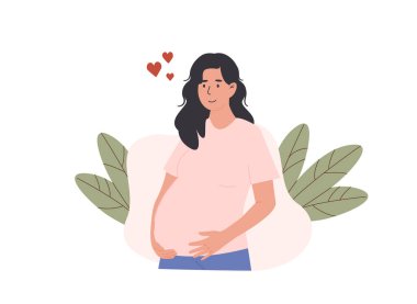 Mutlu hamile kadın ayakta ve gülümseyerek karnına hafifçe dokunuyor. Doğum hazırlığını kucaklamak ve pozitif doğal doğum deneyimi. Düz Biçim Vektör İllüstrasyonu beyaz arkaplanda izole edildi