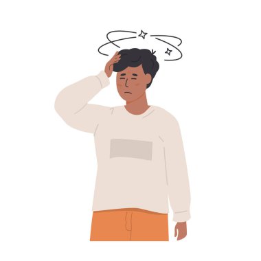 Genç bir çocuk ya da gencin başı dönüyor ve acı dolu bir ifadeyle başını tutuyor. Baş dönmesi, susuzluk, pediatrik sağlık sorunları. Düz Biçim Vektör İllüstrasyonu beyaza izole edildi