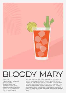 Buzlu Bloody Mary kokteyli, kereviz çubuğu ve pembe arka planda uzun bardakta limonlu garnitür. Votka ve domates suyuyla yapılmış klasik alkollü içecek posteri. Düz vektör illüstrasyonu