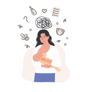 Doğum sonrası iyileşme sürecinde birden fazla sorumluluk ve zihinsel yükle karşı karşıya kalan yeni anne. Annelik sağlığı ebeveynliği blogları ve perinatal destek hizmetleri için Düz Biçim Vektör İllüstrasyonu