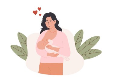 Mutlu anne yeni doğmuş bebeği emziriyor. Doğum sonrası sağlık, bağlanma ve yeni doğan bakım konsepti. Anne sağlığı desteği ve doğum sonrası eğitim için Düz Biçim Vektör İllüstrasyonu
