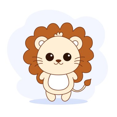 Cute cartoon lion on Blue background. Design for postcard, banner, web, decor, design, arts, calendar. Cute doodle lion illustration. Funny friendly greeting lion for kids and children, African