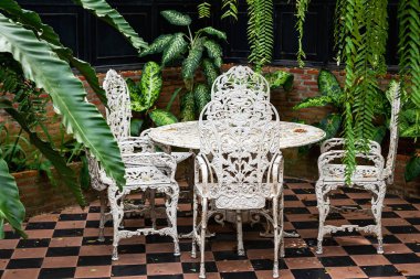 Bahçedeki beyaz şarap masası ve sandalye