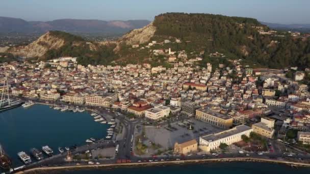 Aerial View Zakynthos Town Beautiful Port Sunrise — Vídeos de Stock