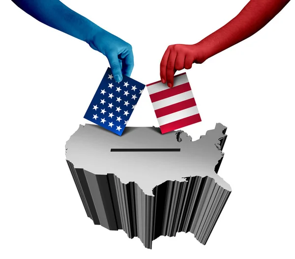 米国の投票と米国の有権者または米国の投票は 赤と青の状態の人々が3Dイラスト要素を持つ大統領または中間選挙運動のアイコンとしてのシンボルを持つアメリカの選挙コンセプトとして — ストック写真