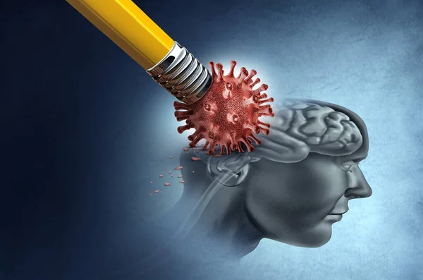 Coronavirus memory loss and Encephalitis disease as cognitive symptoms with long covid and losing attention or brain infection as a neurological health symbol and mental health problems with 3D illustration elements.