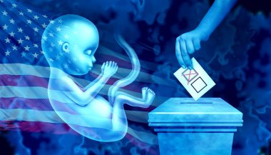 United States abortion issue  vote during American election with pro-life and pro-choice debate in the US elections as a fetus with the flag of USA at a voting booth with a voter casting a ballot with 3D illustration elements.  clipart