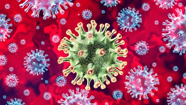 三次元レンダリングとして疾患細胞とパンデミック医療健康リスクの概念として危険なインフルエンザ菌株の例として オミクロン亜型およびCovid 19感染性インフルエンザの背景としてコロナウイルス多様体の発生 — ストック写真