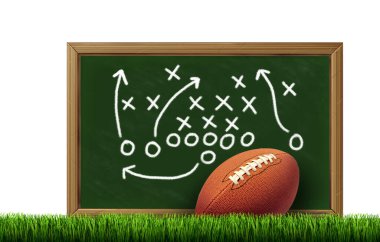 Football Game strategy as a sports plan with a strategic plan chalkboard on a playing field with 3D illustration elements. clipart