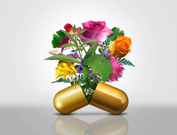 天然药物和替代药物作为一种开放的处方药胶囊 鲜花和植物流出来 作为一种治疗身体愈合和疼痛的草药疗法 并附有三维插图 — 图库照片