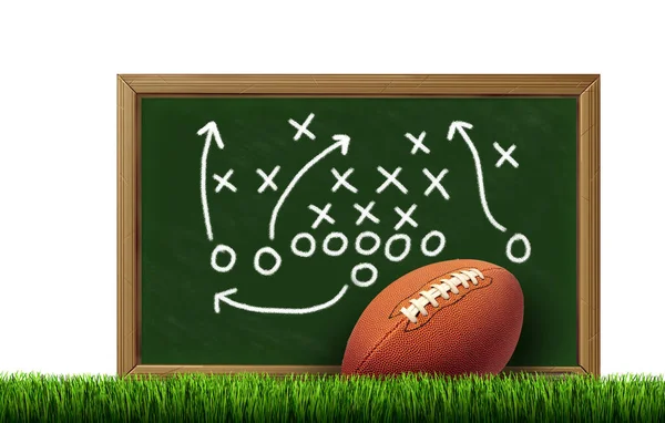 Football Game strategy as a sports plan with a strategic plan chalkboard on a playing field with 3D illustration elements.