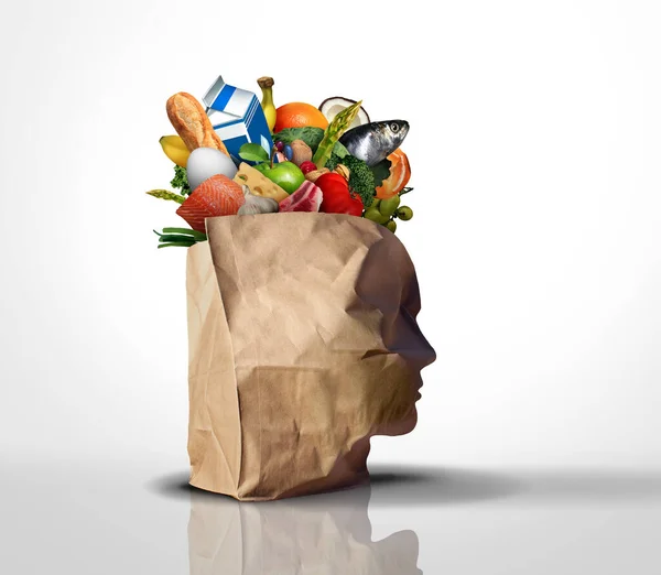 人間の頭の形をした袋を持つ食料品の買い物客としてのスマート食料品の買い物と予算消費者3Dレンダリング要素を備えた家族の消費者予算概念としての食品の完全な — ストック写真