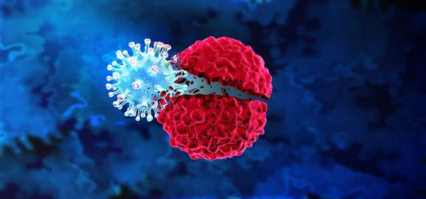 肿瘤病毒免疫治疗和癌症疫苗治疗作为一种治疗癌症的方法 其方法是攻击恶性肿瘤细胞并将其感染 并将病原体作为3D图像销毁 — 图库照片