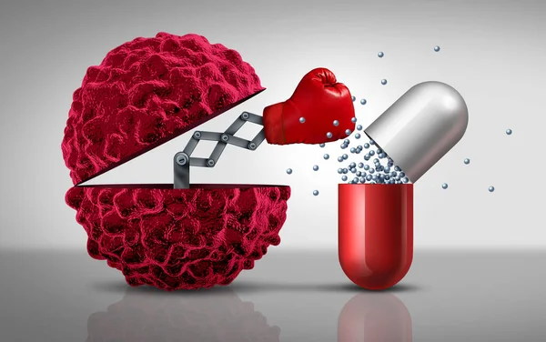 医学致命的ながんとしての耐性がんは 3Dイラストとして医療病理や腫瘍疾患リスクとしてパンチで薬の丸薬を攻撃するウイルス細胞を変異 — ストック写真