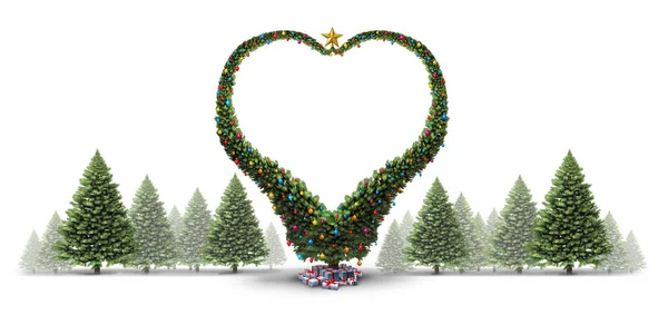 冬のホリデー3Dイラストとしての新年を含むホリデーシーズンのためのお祝い常緑樹林要素として白い背景に緑のクリスマスツリーのグループと心の形として装飾された松の木として愛 — ストック写真