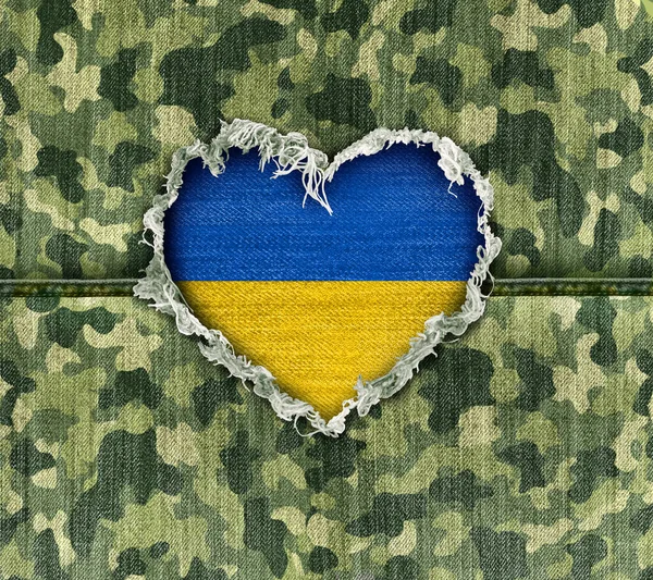 乌克兰军事英雄爱情作为一种乌克兰战时伪装面料 有一个心形孔洞 代表着对英雄的尊重 具有三维图解风格 — 图库照片