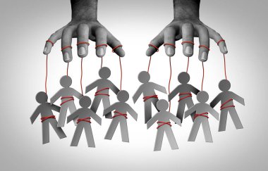 Gaslighting people and social Manipulator concept as a puppet master influencing a society on strings controlled by someone that manipulates and wants to gaslight for exploitation or domination as psychological control in a 3D illustration style. clipart