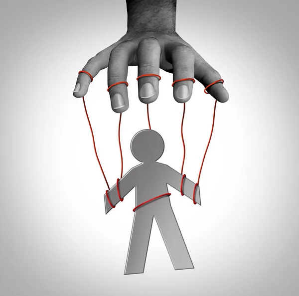 Manipulator concept and puppet master symbol as a person on strings as an icon controlled by someone that manipulates and is gaslighting for exploitation or domination as psychological abuse in a 3D illustration style.