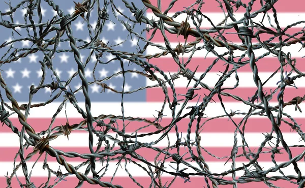 US Border Crisis American immigration and United States refugee concept with a blurred US flag as a social issue about refugees or illegal immigrants with barbed wire fence in a 3D illustration style