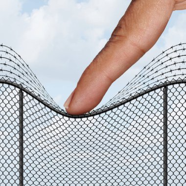 Open Borders as an immigration and Citizenship and free movement of migrants as a finger pushing down a fence and removing border security as a social issue concept with 3D illustration elements. clipart
