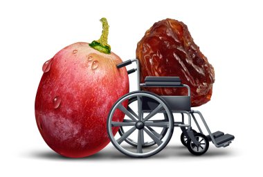 Elderly care concept as a young caregiver grape pushing a wheel chair or wheelchair carrying an old raisin as a funny  fruit image representing agiing and senior support as a health and healthare symbol with 3D illustration elements. clipart