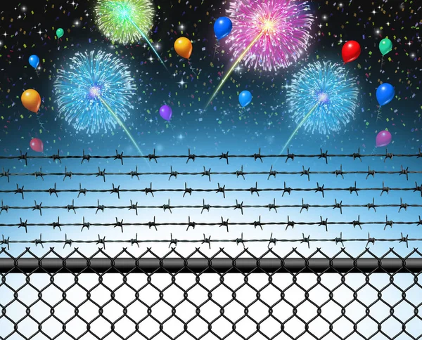 Inequality And New Year Celebration as a fence with barbed wire separating a divided society from the rich celebrating with fire works during the Holiday season and the poor or refugee immigrants barred from entering as a 3D illustration.