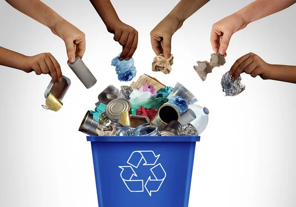 Community Recycling as a Blue Recycling bin to recycle waste and garbage as reusable items management as old paper glass metal and plastic thrown in a garbage container as a concept of environmental conservation with 3D illustration elements.