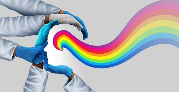 Healthcare Medical hope Community and health care workers or frontline medical group and patients teamwork as a group of doctors and nurses joining together as physicians with a rainbow in a 3D illustration style.