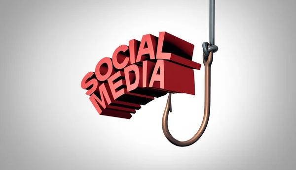 Social Media trap and the temptation of digital platforms as a hook representing internet addiction and mental health issues of dependence and negative impact on socialization as a 3D illustration.