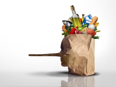 Food Industry Fraud as mislabeling and diluting or manipulating grocery items to increase profit as a consumer being mislead or false advertising of origin or  misrepresenting ingredients as a grocery bag shaped as a as a head with a long nose with 3 clipart
