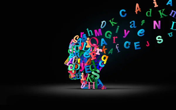 3次元イラストスタイルで教育と精神衛生のシンボルとしてアルファベットの文字で作られた人間の頭として音声言語や自閉症スペクトラムやディスレクシア障害の概念を読み取り理解と学習 — ストック写真