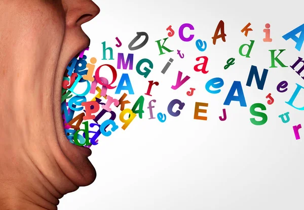 Grammer And Phonics or Learning language and spoken word and Autistic spectrum or Dyslexia disorder concept as an open human mouth made of Alphabet letters as a symbol for education and mental health in a 3D illustration style.