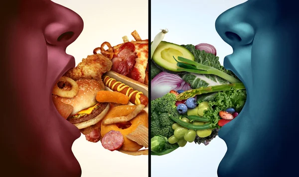 Wholesome Versus Unhealthy Food and Nutrition choice or diet decision concept and eating choices between healthy fresh fruit and vegetables or greasy cholesterol rich fast food in a 3D illustration style.