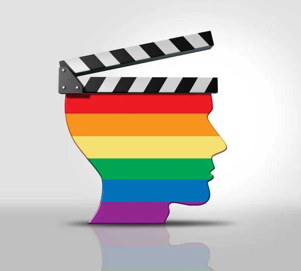 stock image LGBTQ Movies and LGBT cinema as Diversity In Movies and sexual orientation or gender identity representation in film and entertainment industry with the colors of the Pride flag as gay and lesbian actors and directors as a movie clapper with 3D illus