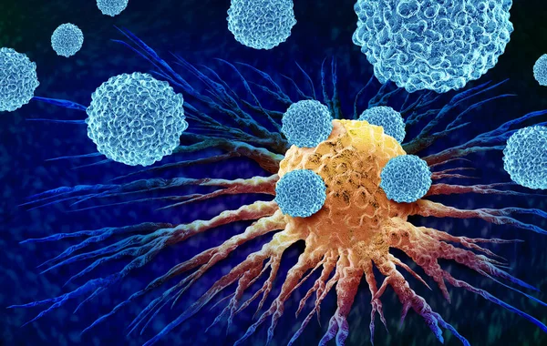 白血病细胞攻击癌细胞作为一种肿瘤学或恶性肿瘤的生长和转移解剖学概念作为人体内白血球的三维例证 — 图库照片