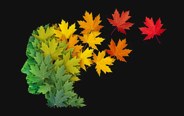 認知機能低下バンド脳の健康シンボルとしての精神疾患やアルツハイマー病緑の葉で作られた人間の頭は 老化した心として秋の紅葉に変わります — ストック写真
