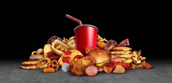 油腻的垃圾食品作为油炸食品汉堡包软饮料导致健康风险 如肥胖和糖尿病作为油炸食品在黑色背景下富含不健康脂肪与三维插图元素 — 图库照片